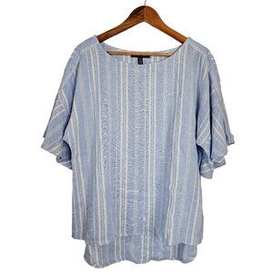 Ellen Tracy Linen Blend Striped Flounce Sleeve Lagenlook Blouse Women M